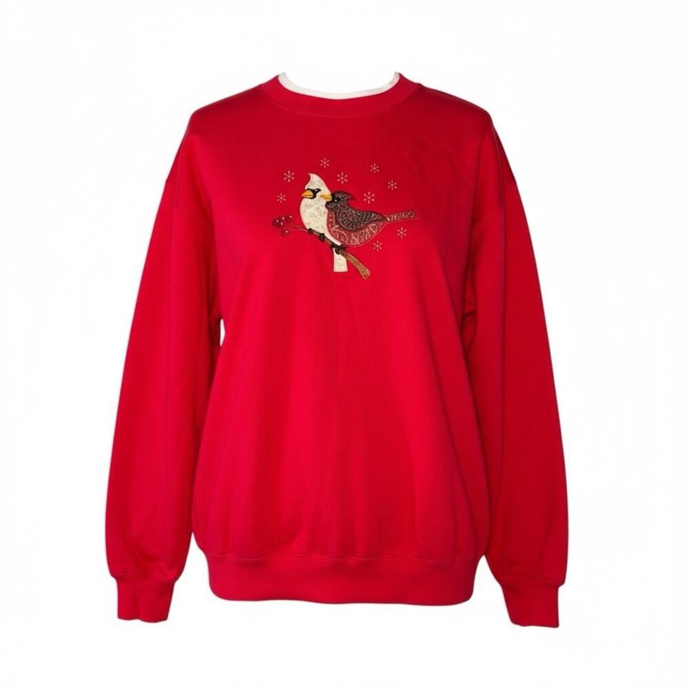 Vintage Cottage Cardinal Birds Christmas Granny Sweatshirt Red XL Grandma Core